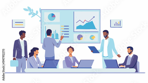 Business team analyzing data on screen in modern office setting