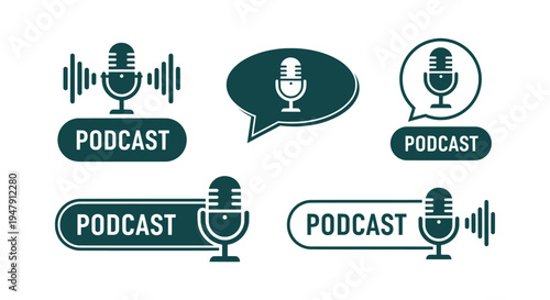 Set of professional podcast logo templates featuring microphone symbols and sound wave illustrations