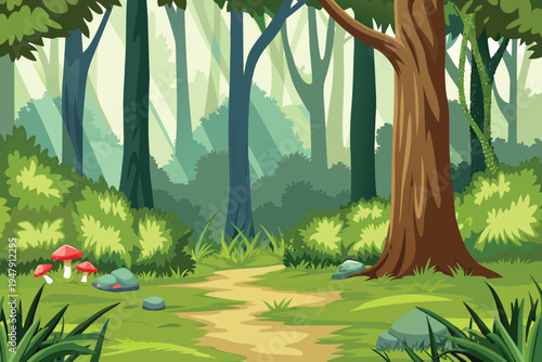 Enchanted Forest Path with Mushrooms and Sunlight Rays Lush Greenery  Illustration