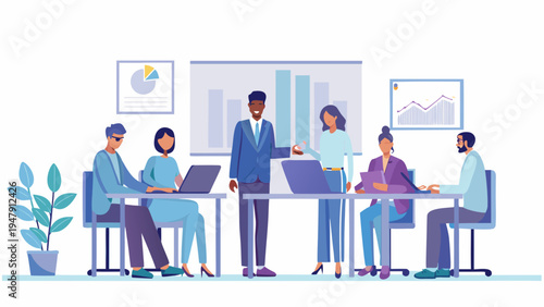 Diverse team collaborating in modern office with laptops and data analysis