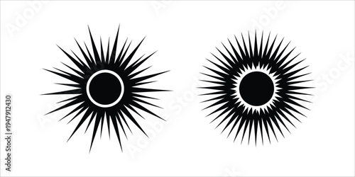 Two Stylized Sunburst Icons with Sharp Rays and Central Circles Isolated on White Background