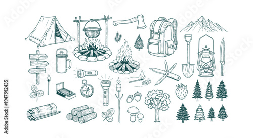 Vintage Sketch Style Camping and Hiking Equipment Elements Collection for Outdoor Adventure Design