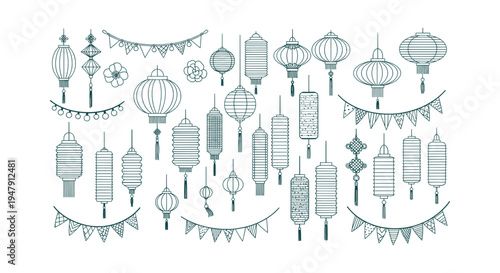 Collection of Chinese Lanterns and Festive Decorations Line Art Vector for Lunar New Year Party