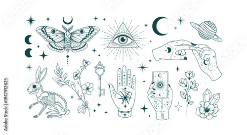 Esoteric Mystical Celestial Elements Set with Moth Rabbit Skeleton Tarot Card Hands and Sacred Signs