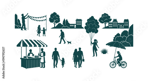 Set of outdoor silhouettes featuring people in a park, food vendors, families, and city buildings.