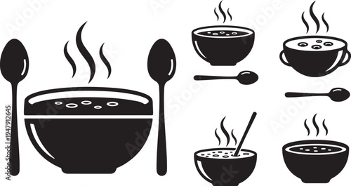 Black and white soup bowls with utensils illustration set