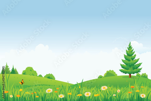Green Meadow with Wildflowers and Butterfly under a Blue Sky Illustration