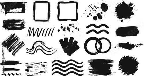 Collection of Grunge Brush Strokes Splatters Waves and Geometric Shapes on White Background