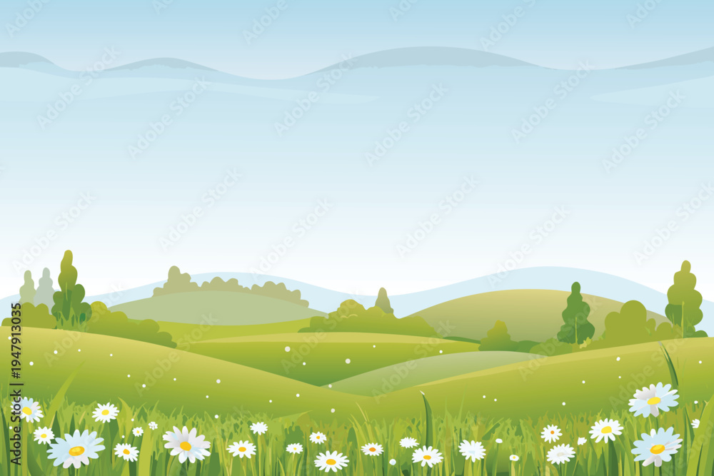 Naklejka premium Green Rolling Hills with Daisy Flowers and Blue Sky Pastoral Landscape Illustration