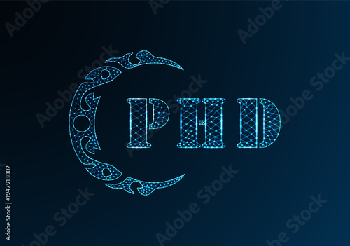 Low poly letter logo PHD design. PHD letter logo low poly vector design on blue color gradient background. PHD logo low poly design