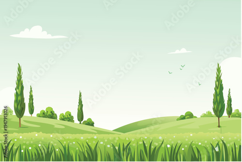 Green Rolling Hills with Cypress Trees and Wildflowers Serene Landscape  Illustration