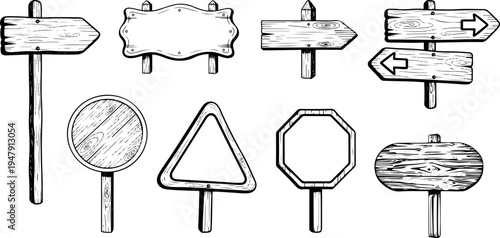 Collection of Hand Drawn Wooden Signposts and Directional Arrows on White Background Various Shapes Stock Illustration