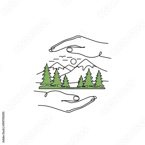A minimalist line art illustration of a pair of hands cradling a scenic landscape with trees, mountains, and a sun