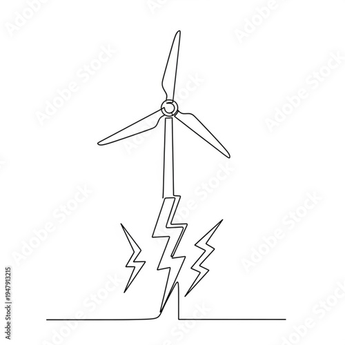 A minimalist line art illustration of a wind turbine generating electricity with lightning bolts