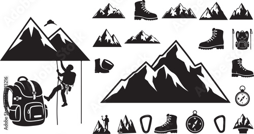 Hiking and climbing icons and mountain silhouettes in black
