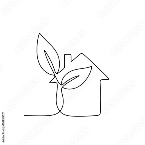 A minimalist line art illustration of a house with a plant growing out of it, symbolizing eco-friendly living and sustainable architecture.