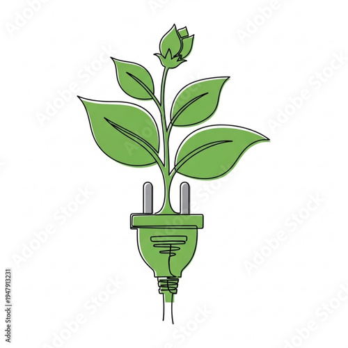 A green electrical plug with a plant growing out of it, symbolizing eco-friendly energy and sustainability
