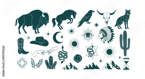 Western Mystic Vector Elements Collection with Buffalo Horse Raven Snake Skull and Celestial Symbols