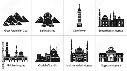 Cairo Landmarks Vector Icon Set – Egypt Cityscape Vectors Featuring Great Pyramid of Giza, Sphinx, Cairo Tower, Sultan Hassan Mosque, Al-Azhar Mosque, Citadel, Egyptian Museum, and Muhammad Ali Mosque