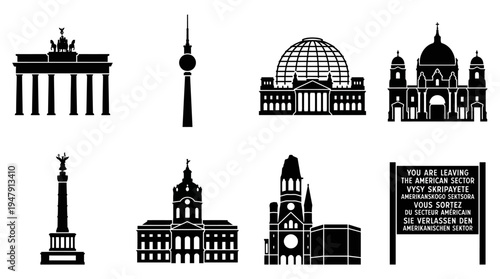 Berlin Landmarks Vector Icon Set – Germany Cityscape Vectors Featuring Brandenburg Gate, Berlin TV Tower, Reichstag, Berlin Cathedral, Victory Column, Charlottenburg Palace, Kaiser Wilhelm Memorial