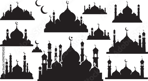 Collection of mosque silhouettes with crescent moon