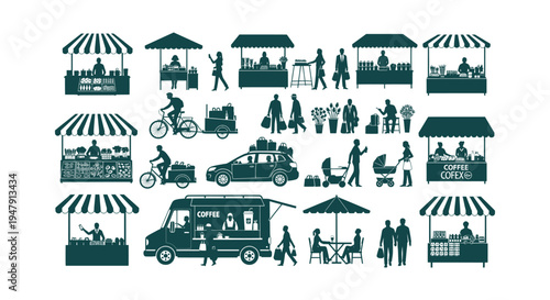 Vector Silhouette Set of a Street Market Featuring Food Stalls Coffee Truck Shoppers and Vendors