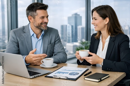 Business professionals having a friendly meeting over coffee in modern office discussing financial report