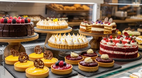 A display of various pastries and cakes in a bakery, with a focus on the colorful and tempting assortment.