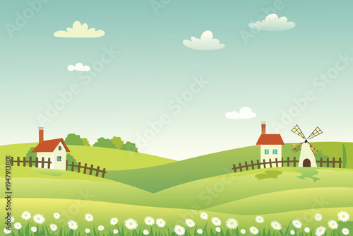 Idyllic Countryside Landscape with Houses and Windmill Daisy Field Blue Sky Stock Illustration