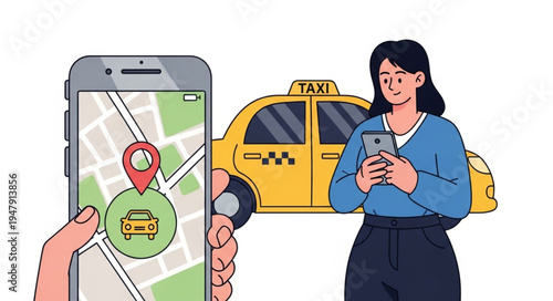 Woman Using Smartphone with Taxi.