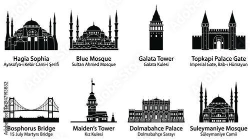Istanbul Landmarks Vector Icon Set – Turkey Cityscape Vectors Featuring Hagia Sophia, Blue Mosque, Galata Tower, Topkapi Palace, Bosphorus Bridge, Maiden’s Tower, Dolmabahçe Palace, and Grand Mosque