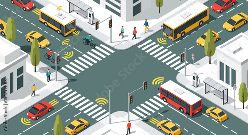 Isometric Smart City Intersection Illustration with Connected Autonomous Vehicles, IoT Infrastructure, Electric Buses, and Pedestrians in a Future Urban Environment