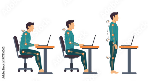 Infographic of Correct and Incorrect Ergonomic Posture for Sitting and Standing at a Desk, Male Character Working on Laptop with Spinal Alignment and Joint Support