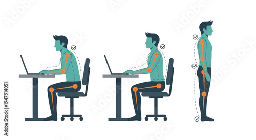 Ergonomic Posture Infographic Showing Correct and Incorrect Sitting and Standing Positions at an Office Desk for Workplace Health