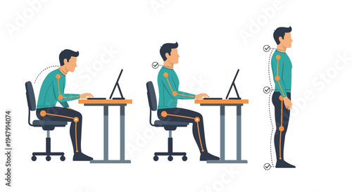 Correct and Incorrect Ergonomic Posture Illustration: Proper Sitting and Standing Positions at an Office Desk for Better Spine Health and Workplace Wellness