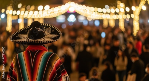 Mexican party A person in traditional attire stands in front of a vibrant festival backdrop