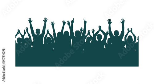 Silhouette of a cheering crowd with raised hands at a concert festival or celebration event scene.