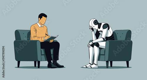 AI Mental Health Concept: A Human Therapist Providing Counseling to a Depressed Robot Patient in a Flat Vector Illustration