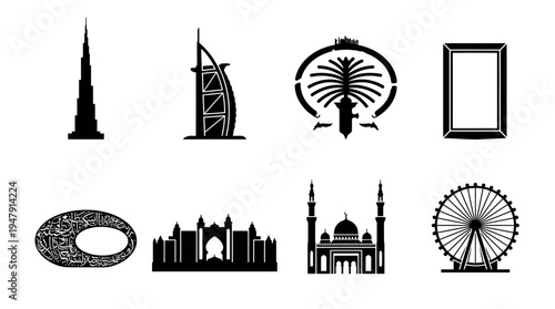 Dubai Landmarks Vector Icon Set – UAE Cityscape Vectors Featuring Burj Khalifa, Burj Al Arab, Palm Jumeirah, Dubai Frame, Atlantis Hotel, Grand Mosque, Ain Dubai, and Stadium
