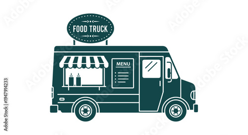 Flat Vector Illustration of a Mobile Food Truck with Menu and Sign for Street Food Business Branding