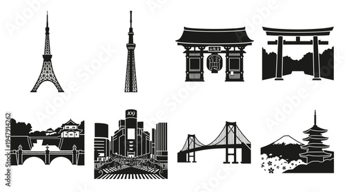 Tokyo Landmarks Vector Icon Set – Japan Cityscape Vectors Featuring Tokyo Tower, Skytree, Senso-ji Temple, Torii Gate, Rainbow Bridge, Imperial Palace, Shibuya Crossing, Mount Fuji, and Pagoda