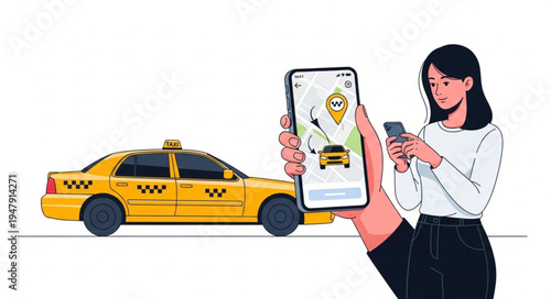Woman Using Taxi Ride App.