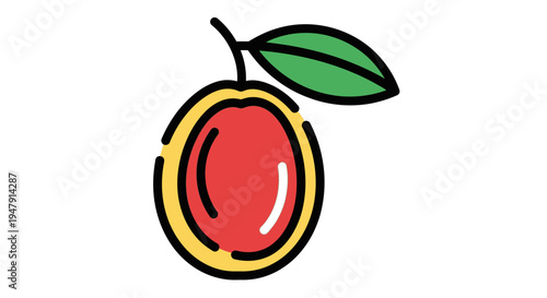 A cartoon peach with leaf.