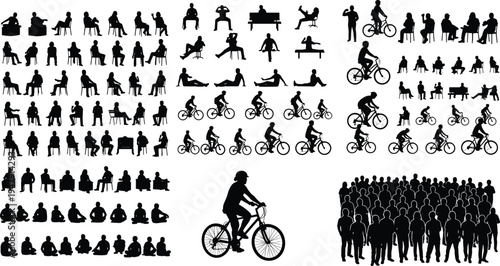 Human silhouette clipart, seated figures, bicycle rider icons, crowd people shapes, black posture graphics, social activity vector set