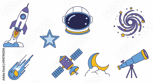 Astronaut helmet in space icons set.