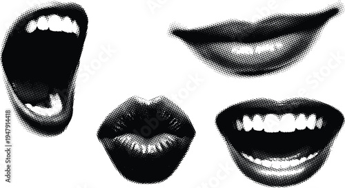 Mouth and lips halftone dots vector illustration collection female facial features set screaming smiling kissing poses