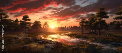 Experience the ethereal beauty of a fiery sunset reflecting over a serene and wild marshland.