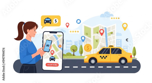 Woman Using Taxi Ride App.