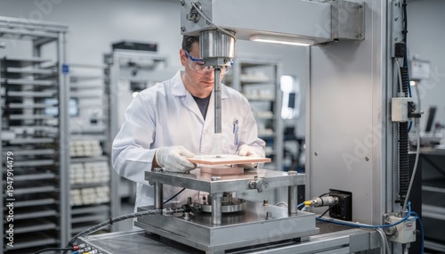 Medium shot of a technician performing a drop test on laminated plastic samples to evaluate impact resistance in a hightech mechanical testing lab environment.