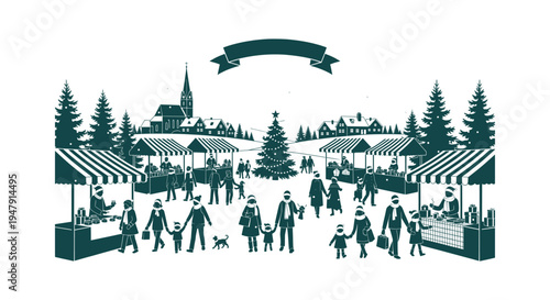 Festive Christmas market vector illustration with shoppers and stalls in a snowy winter village.
